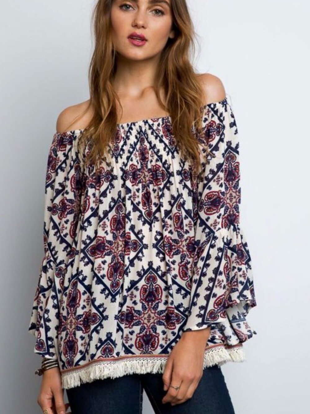 Hayden Los Angeles Size L Off Shoulder Smocked Paisley Boho Blouse Top Fringe